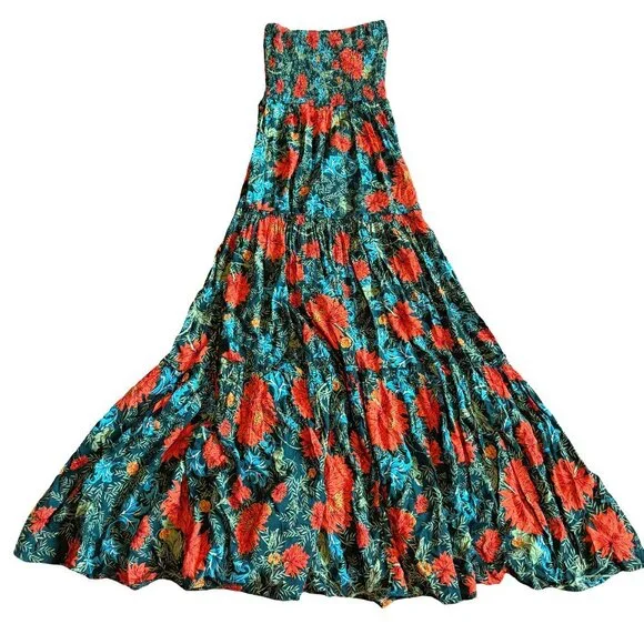 Abel the Label Green Red Strapless Dress Floral Print Maxi Length Size Small - Picture 1 of 10